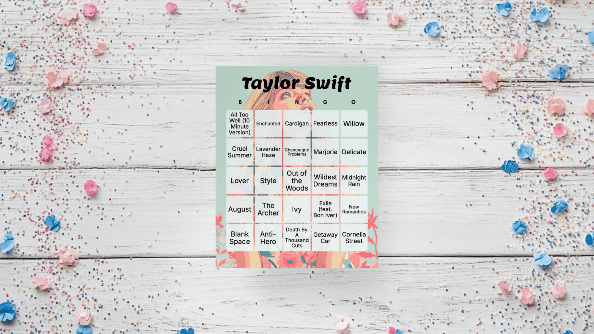 taylor swift bingo card with sequins