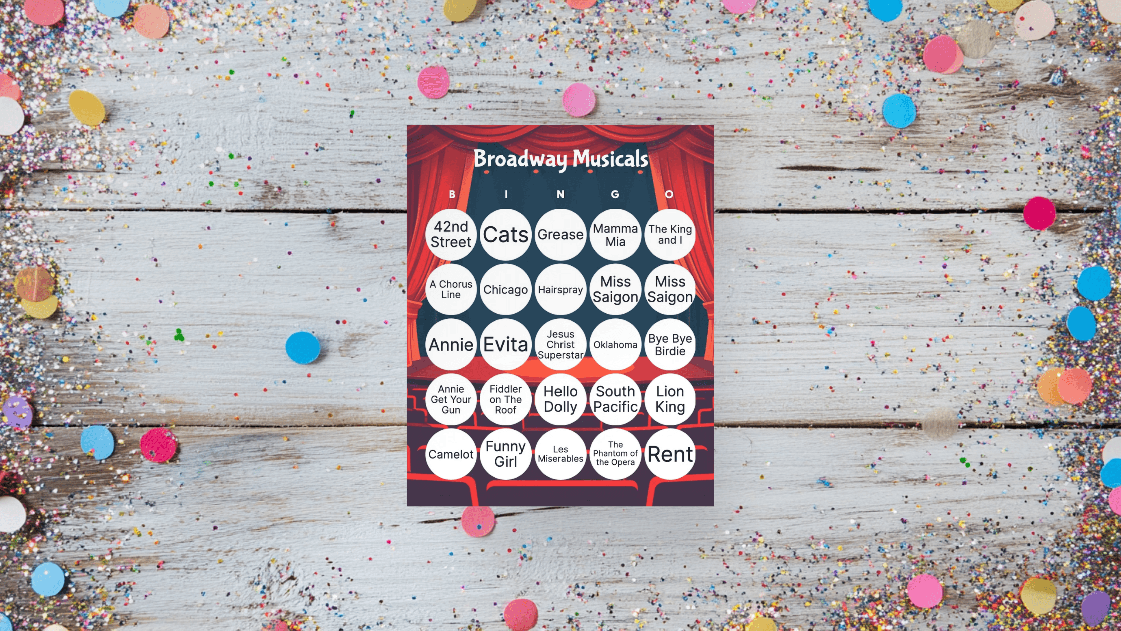 broadway musicals bingo card