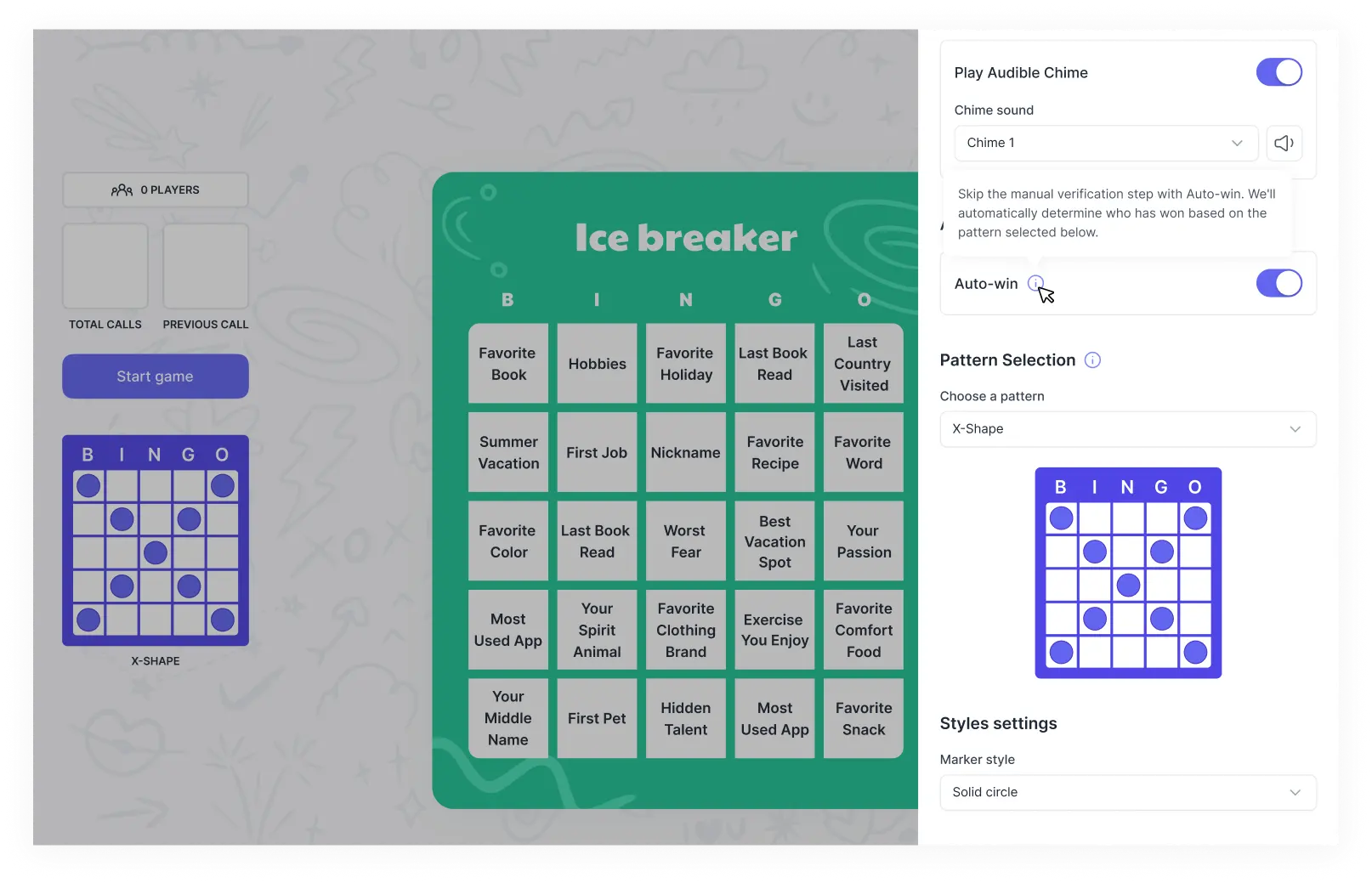 Bingo game auto call sidebar features