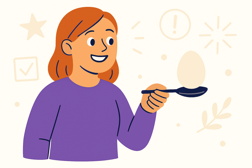 character holding an egg on a spoon