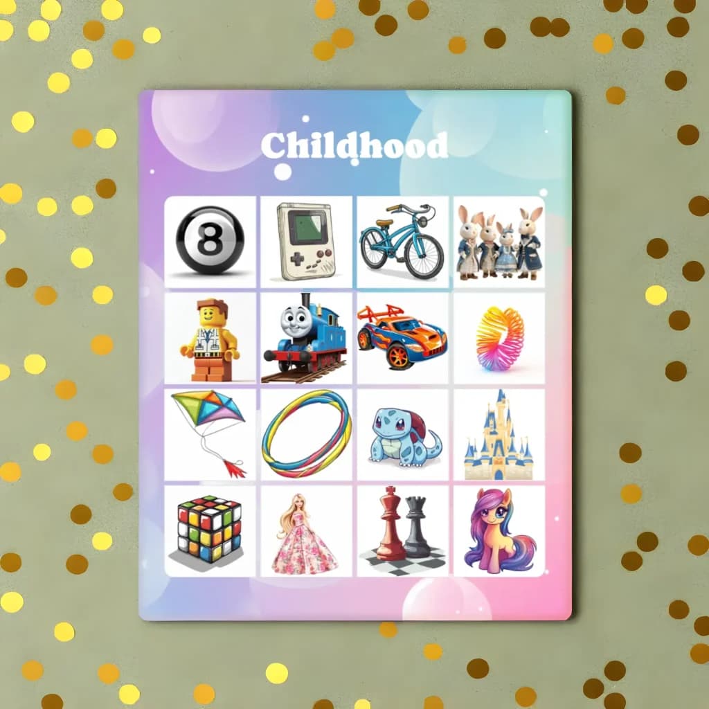 childhood bingo with gold sparkles