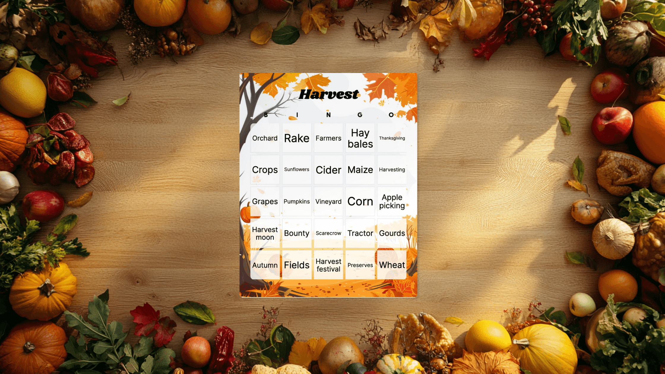 harvest food bingo
