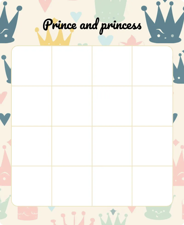 Prince &amp; Princess illustrations blank bingo card