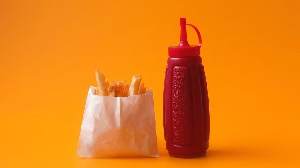 fried fries in white pack beside red squeeze bottle