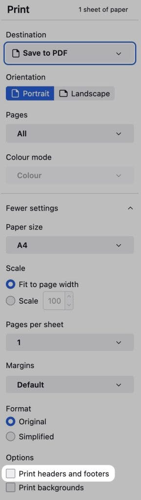 Removing headers/footers from prints