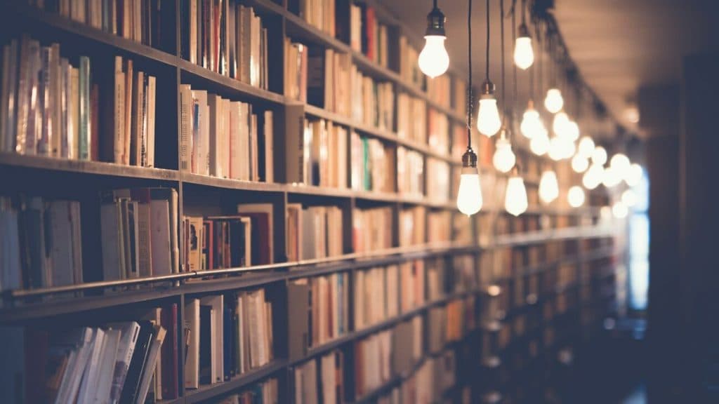 photo of library with turned on lights