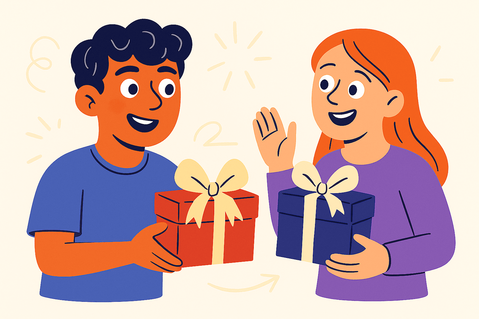 two characters exchanging gifts