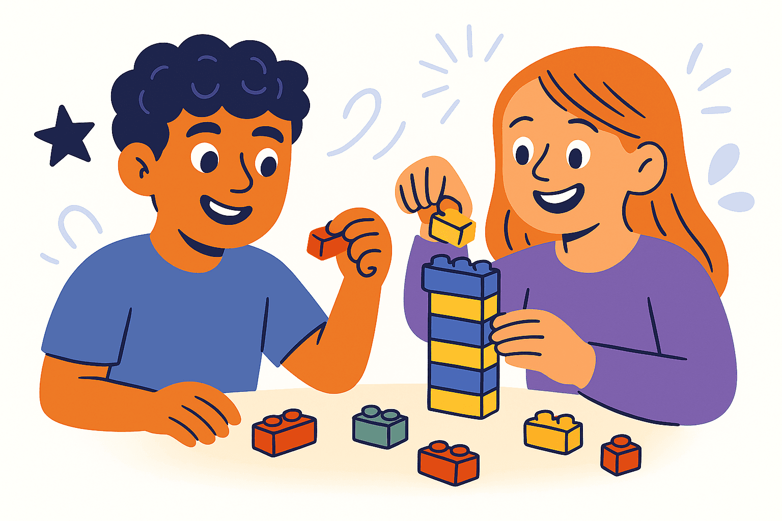 two characters playing with lego