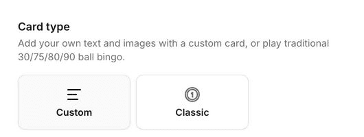 Card type selection showing Custom and Classic options