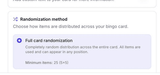 Randomization method options showing full card and classic bingo