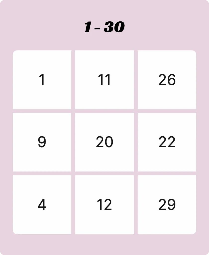 1 - 30 bingo card