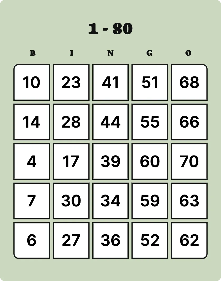 1 - 80 bingo card