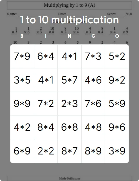 1 to 10 multiplication bingo card template