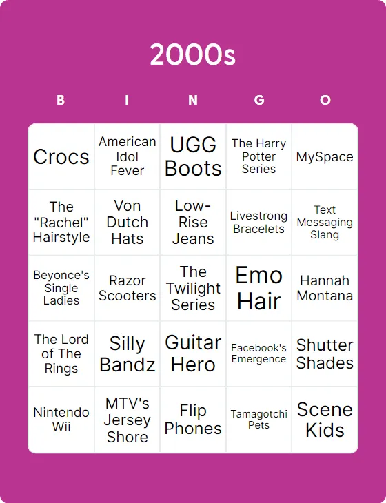2000s bingo card template