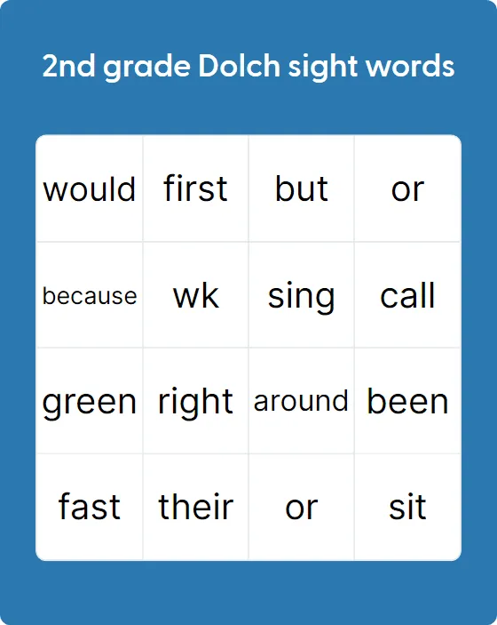 2nd grade Dolch sight words bingo card