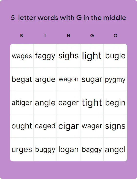 5-letter words with G in the middle bingo card template