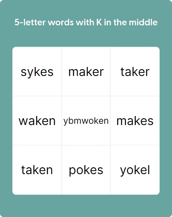5-letter words with K in the middle bingo card template
