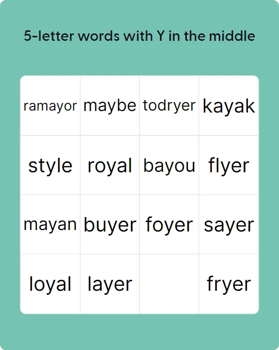 5-letter words with Y in the middle bingo card template