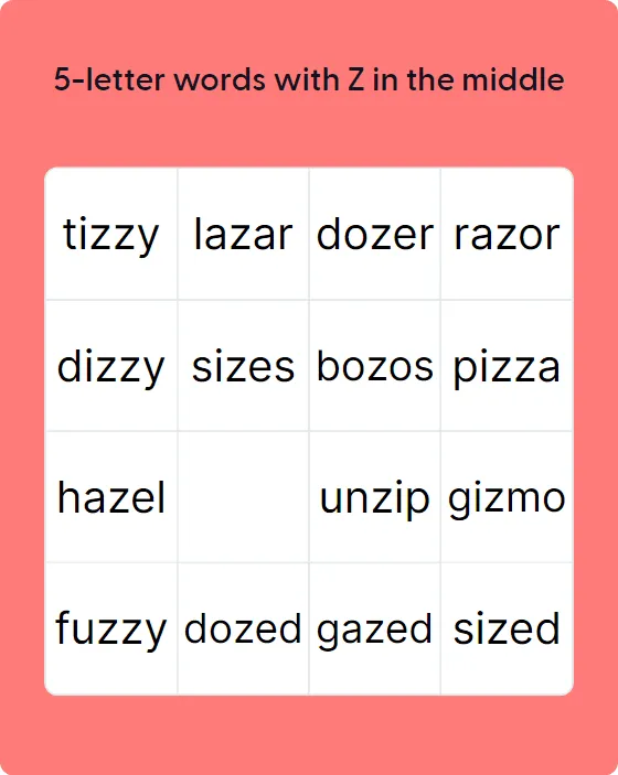 5-letter words with Z in the middle bingo card