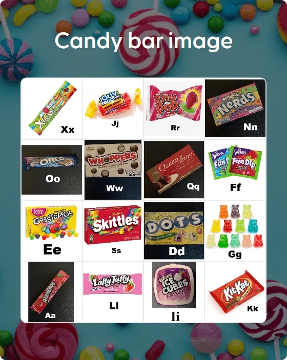 A to Z candy image bingo card