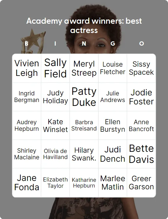 Academy award winners: best actress bingo card