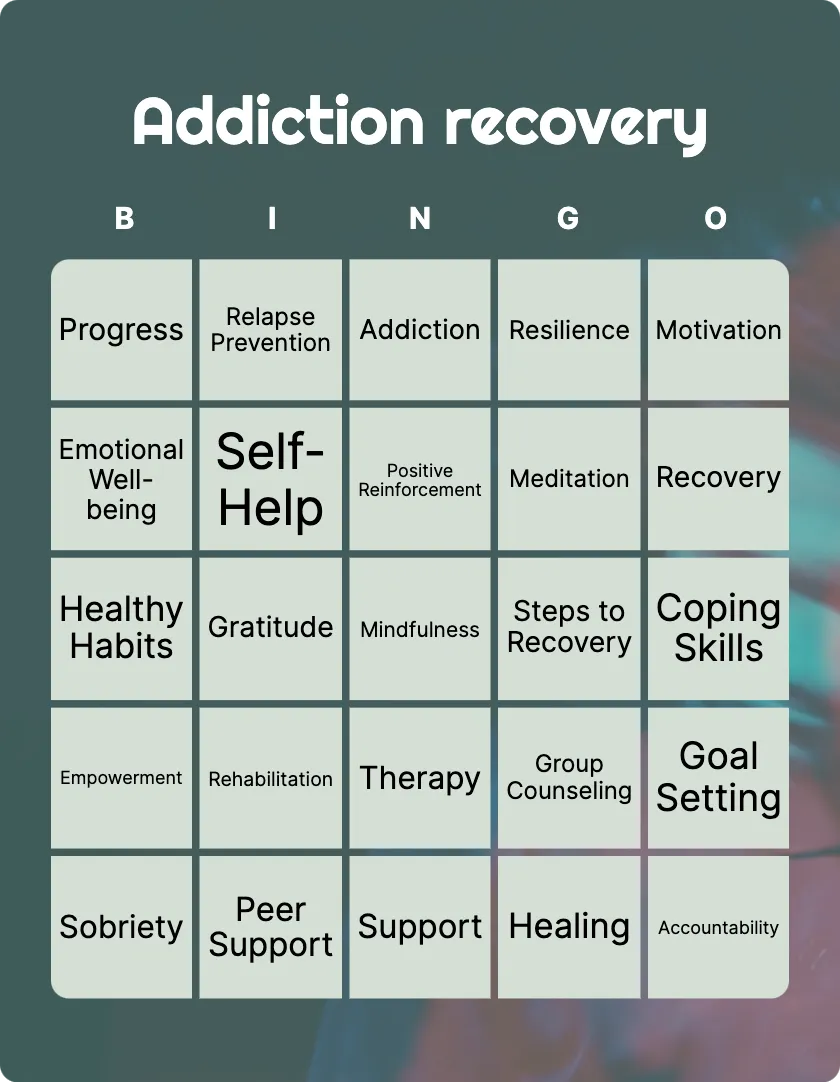 Addiction recovery bingo card template