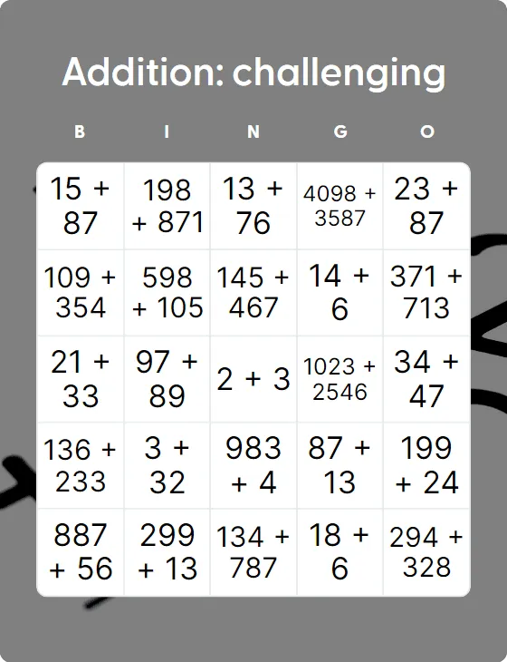 Addition: challenging bingo card template