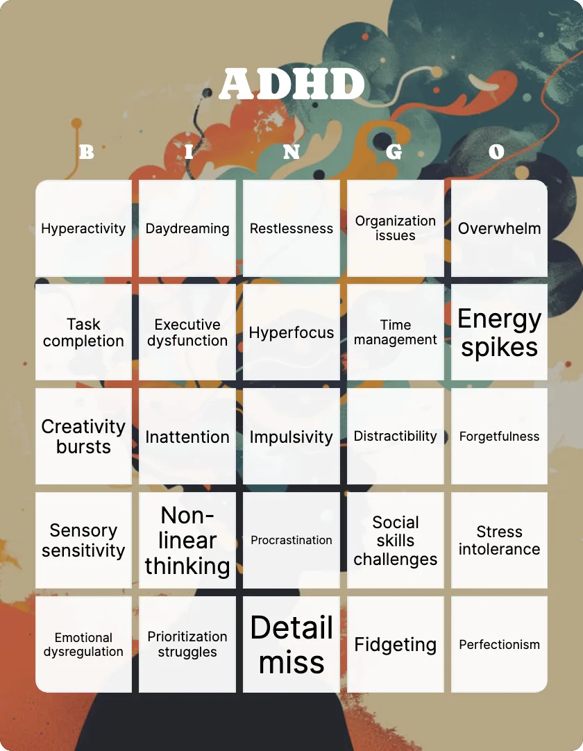 ADHD bingo card template