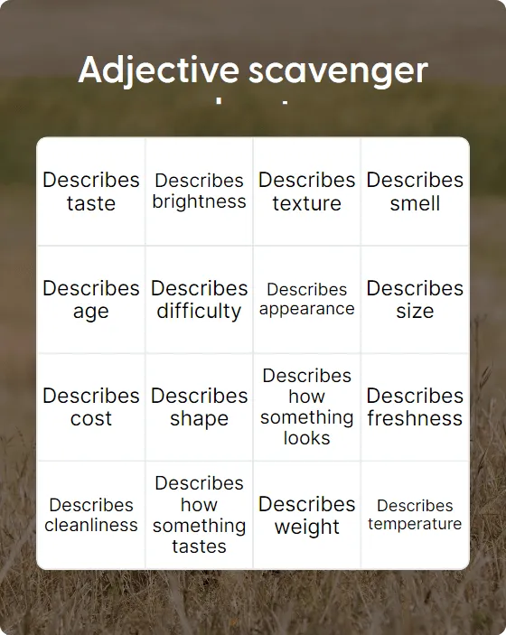 Adjective scavenger hunt bingo card