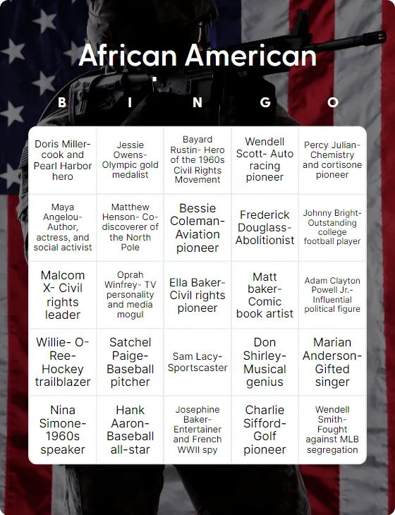 African American heroes bingo card template