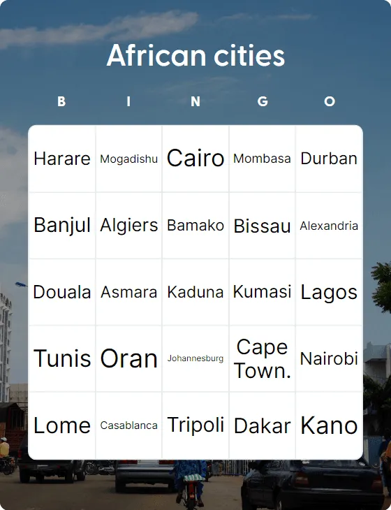 African cities bingo card