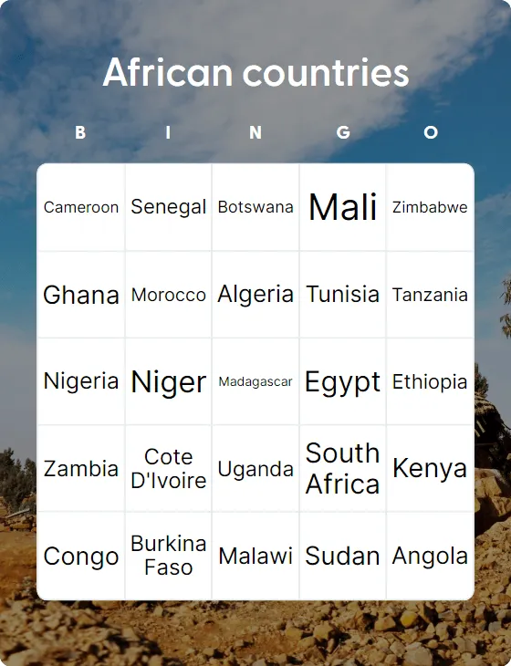 African countries bingo card