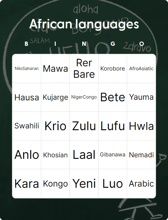 African languages bingo card