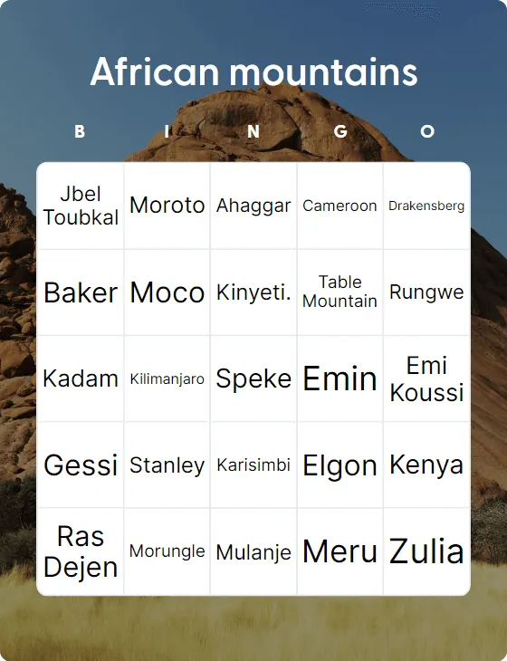 African mountains bingo card