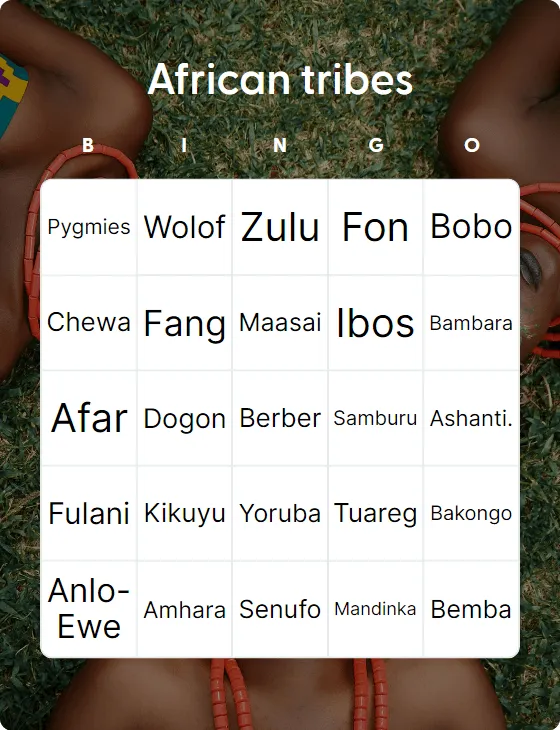 African tribes bingo card