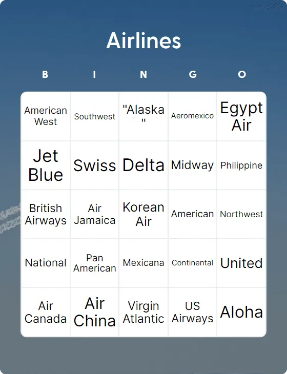 Airlines bingo card template