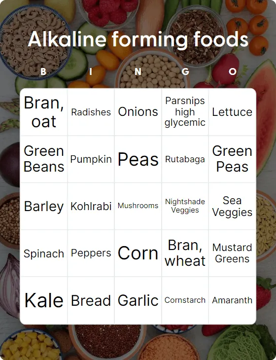 Alkaline forming foods bingo card template