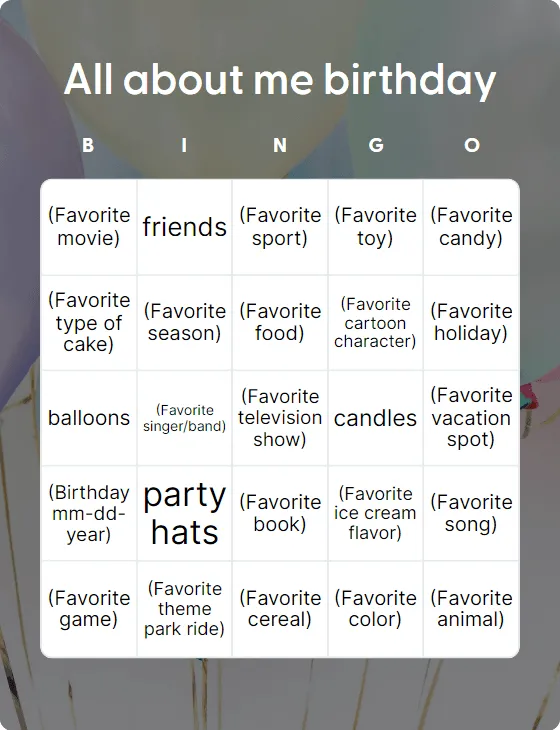 All about me birthday bingo card