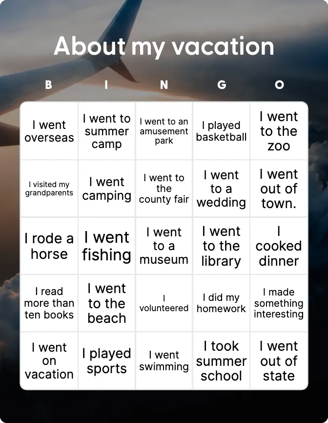 All about my summer vacation bingo card