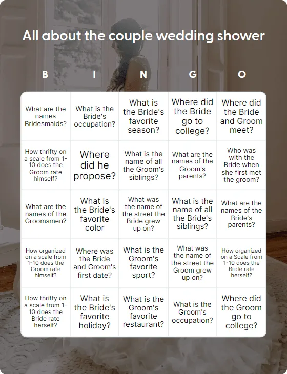 All about the couple wedding shower bingo card