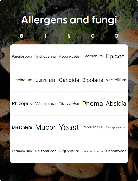 Allergens and fungi bingo card template