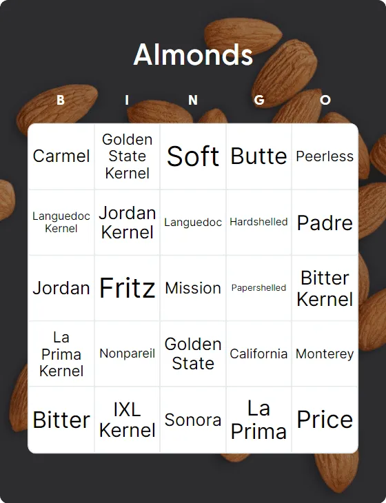 Almonds bingo card template