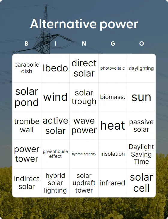 Alternative power bingo card template