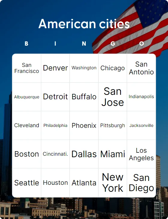 American cities bingo card
