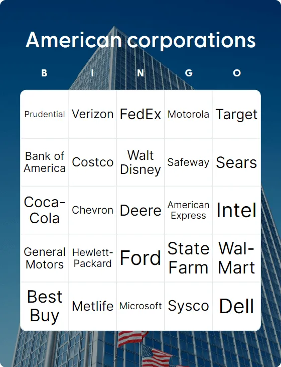 American corporations bingo card template