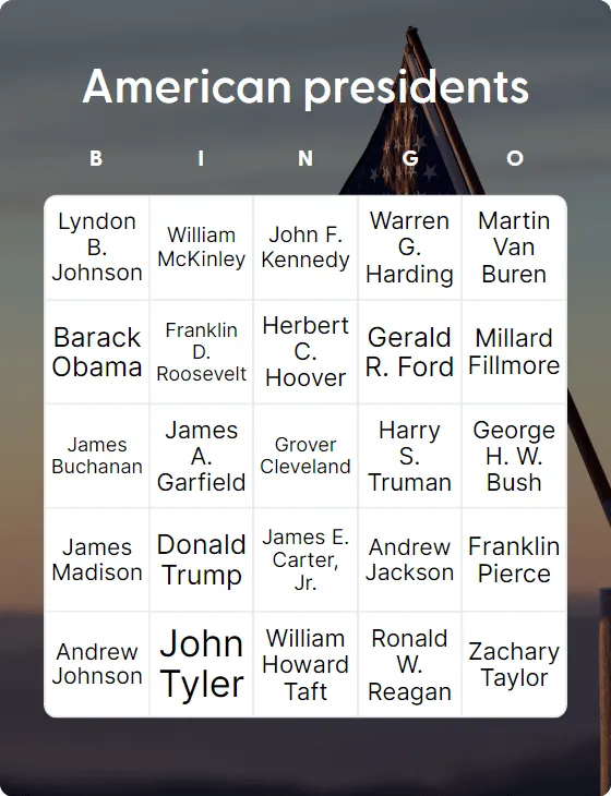 American presidents bingo card template
