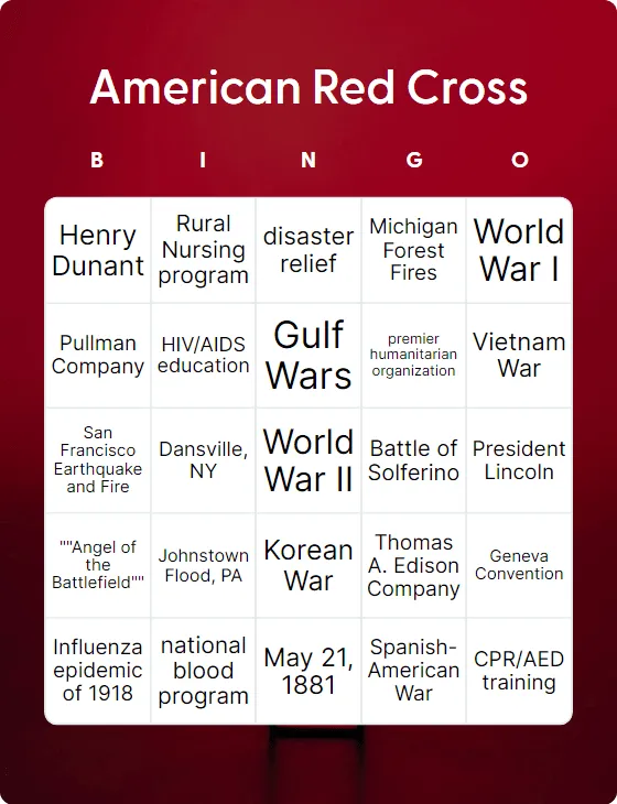 American Red Cross bingo card template