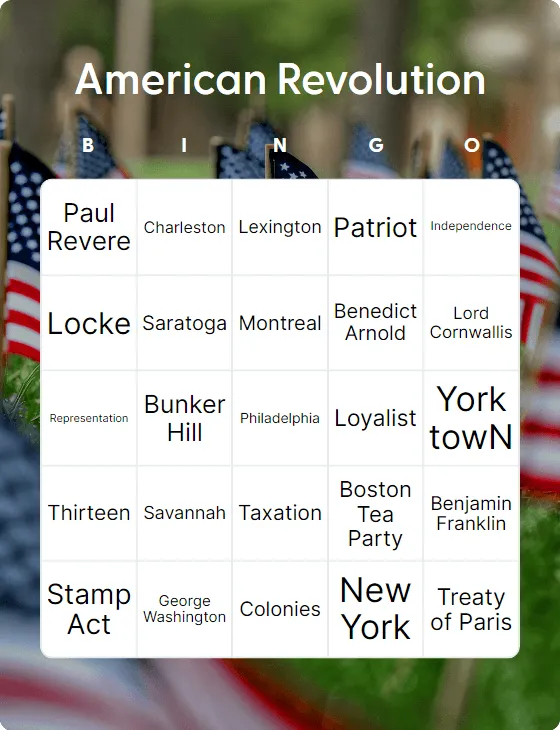 American Revolution bingo card template