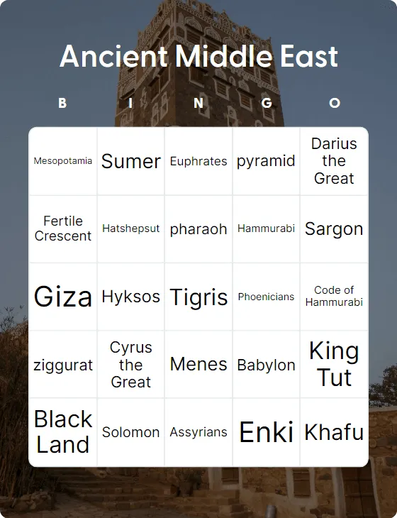 Ancient Middle East bingo card