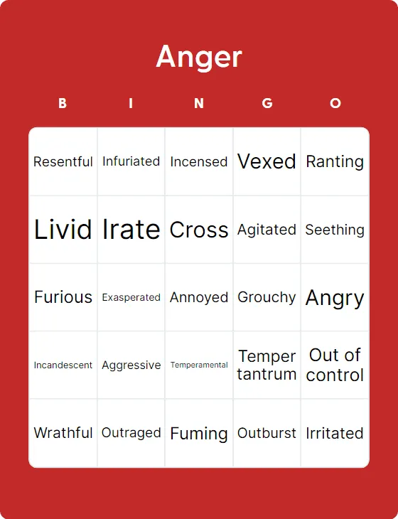 Anger bingo card
